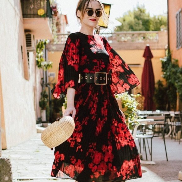 h&m red pleated chiffon dress